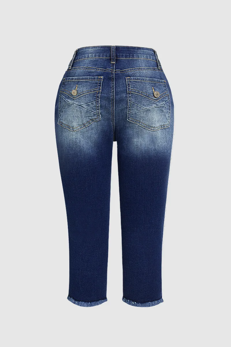 Raw Hem Wash High Stretch Mid Waist Capri Jeans