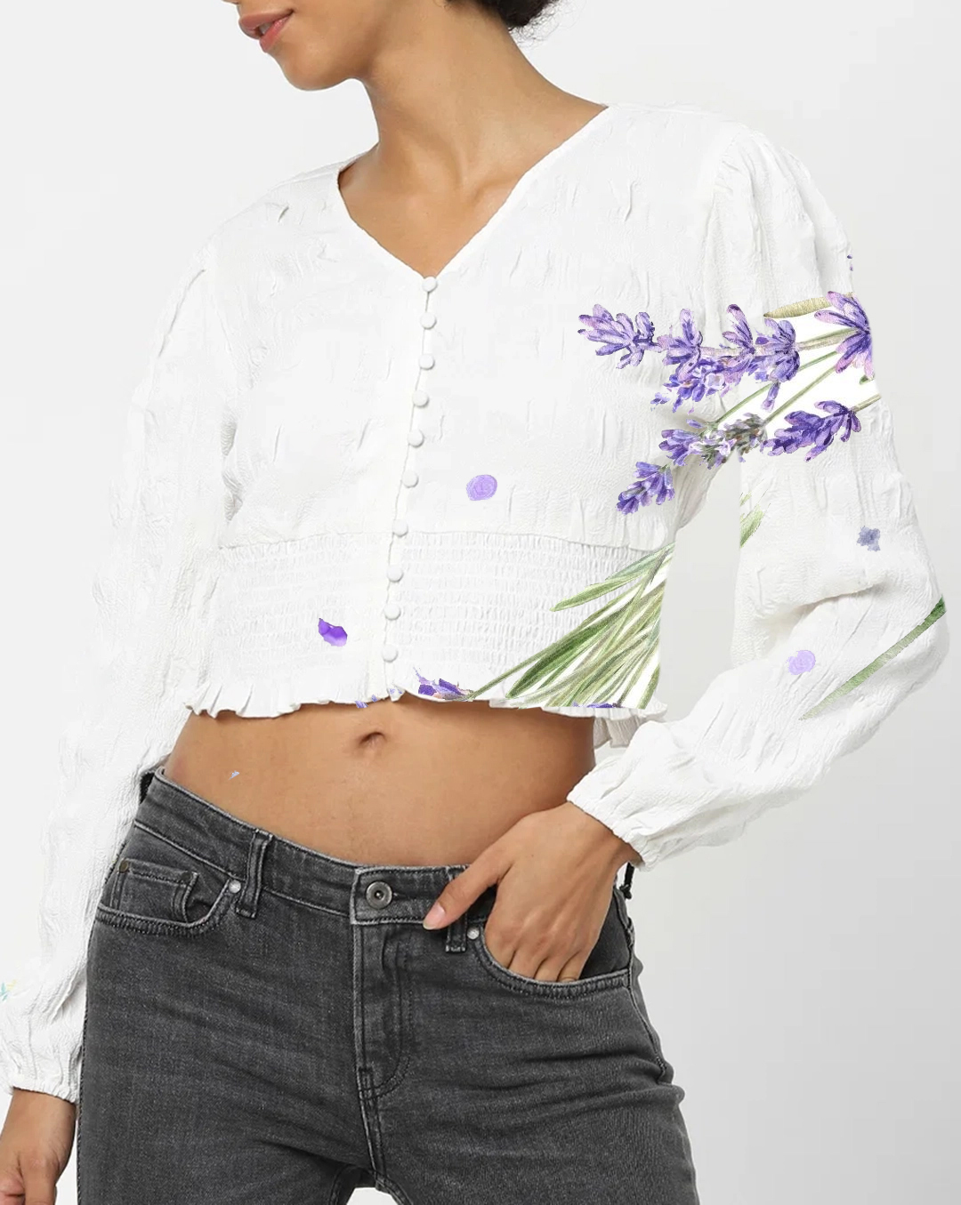 White Lavender Print V Neck Cropped Blouse