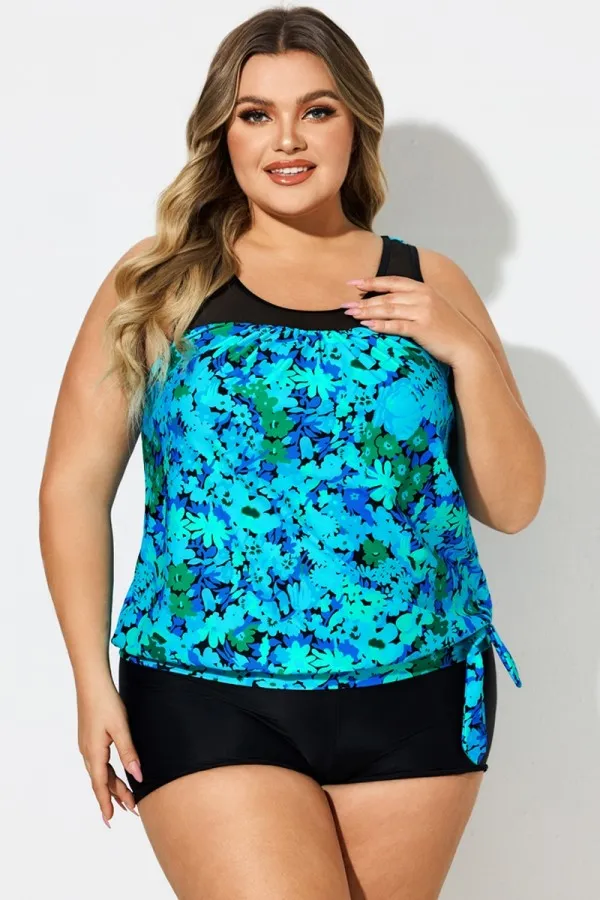 Plus Size Floral Print Mesh Cyan Tankini Top