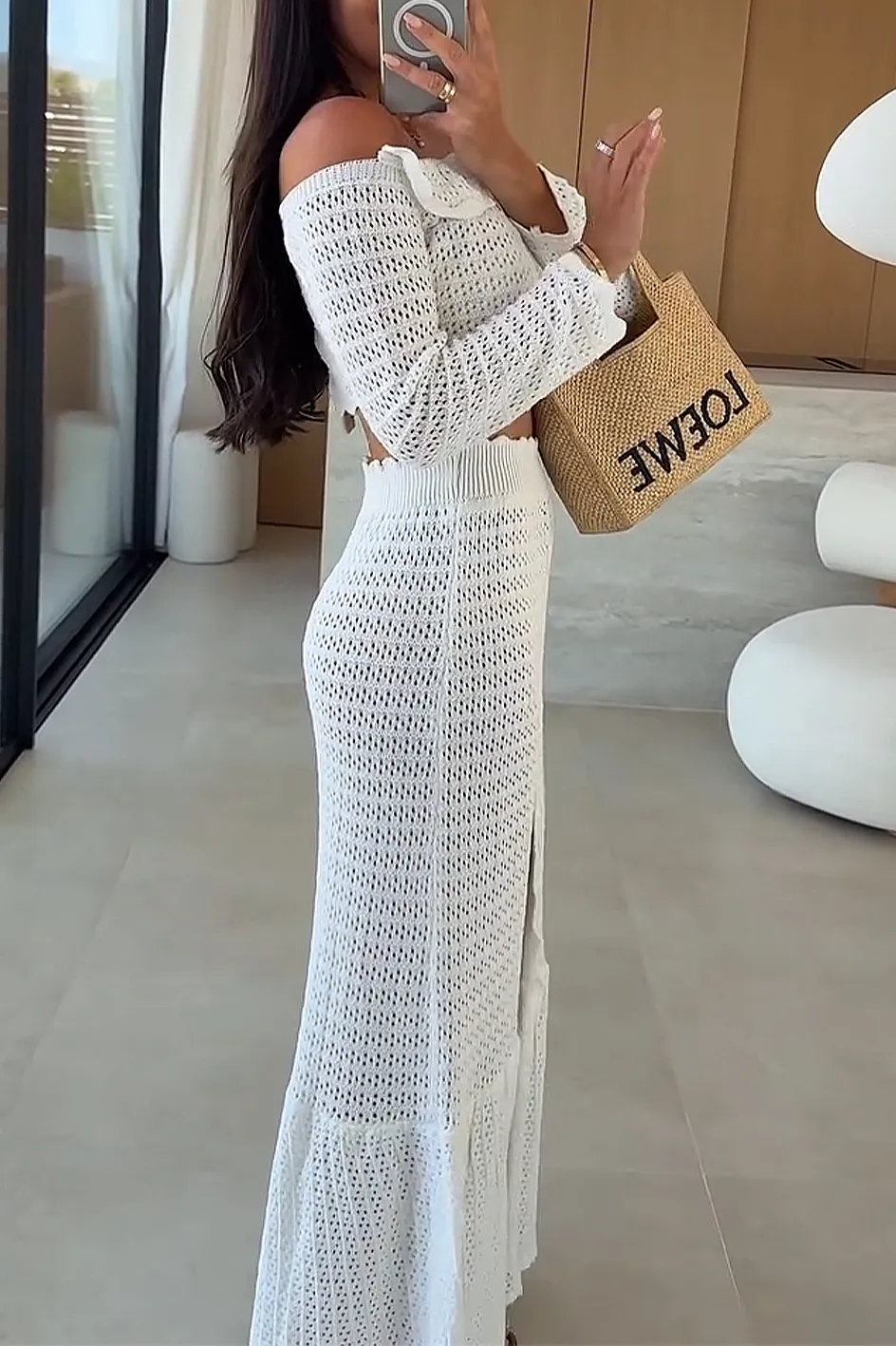 Women'S Fashion Hollow Stretch Knit Top And Skirt Two-Piece Set