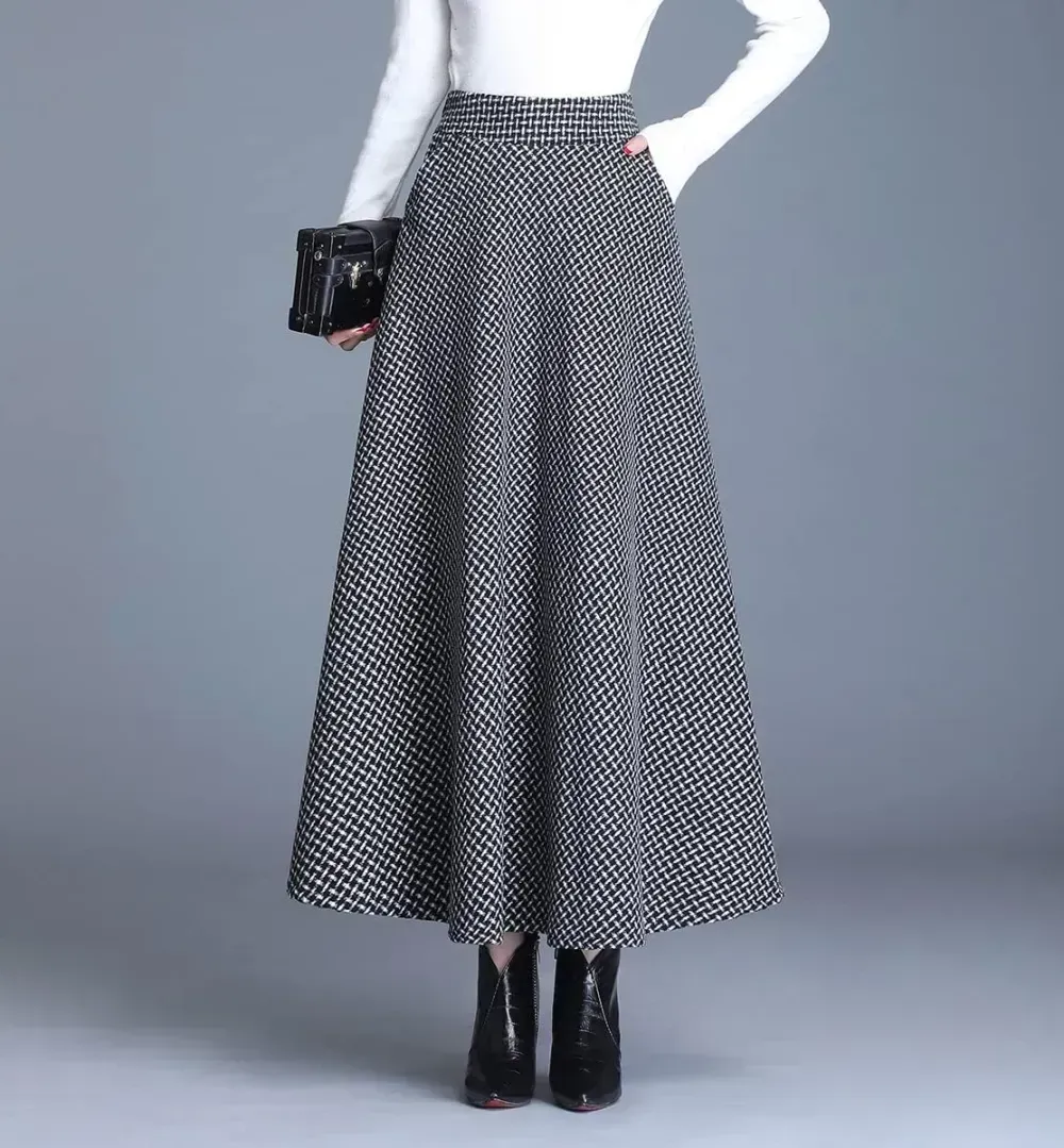 Women's Winter Elegant Warm Long Skirt Wool Maxi Skirts Elastic Waist A-Line High Waist Plaid Pleated Skirt S-3XL