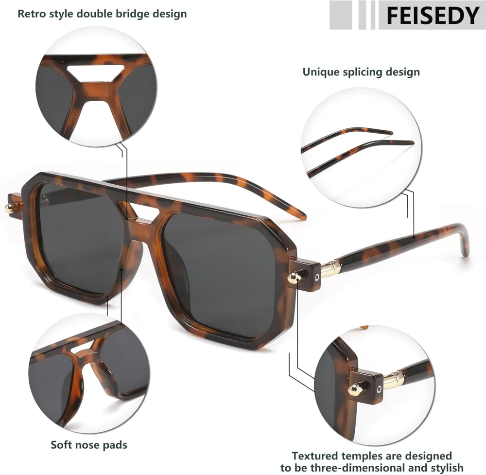 FEISEDY Vintage Square 70s Flat Aviator Sunglasses Women Men Classic Retro Stylish Frame UV400 Sunglasses B2622