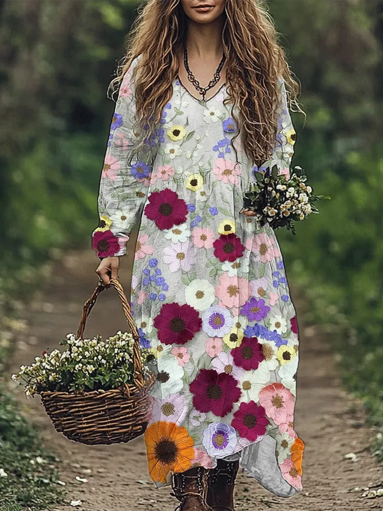 Classy Colorful Floral Embroidery Lace Flowy Maxi Dress