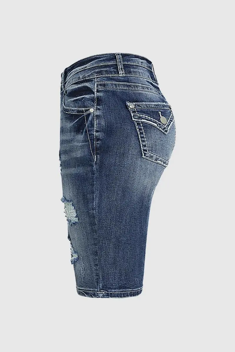 Ripped Roll Hem Double Button Mid Waist Denim Bermuda Shorts