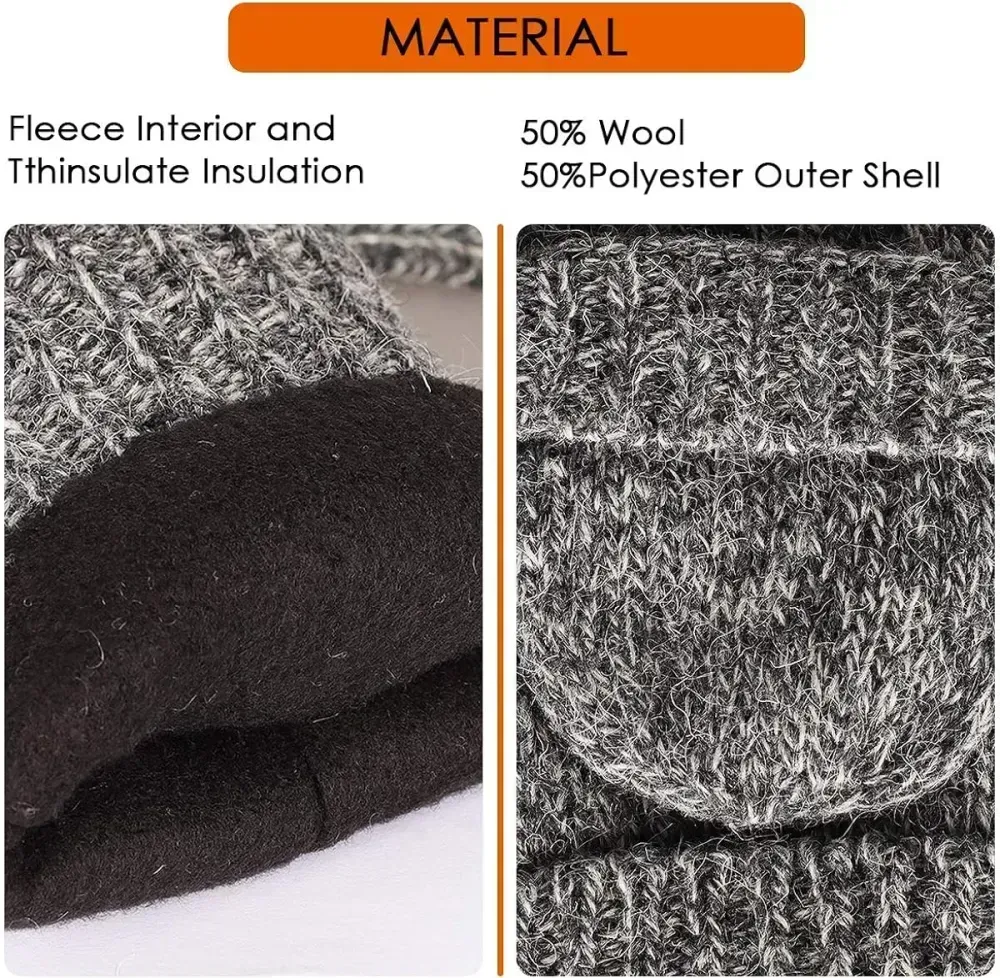 Bodvera Thermal Insulation Fingerless Texting Wool Gloves for Women and Men Winter Warm Knitted Convertible Mittens Flap