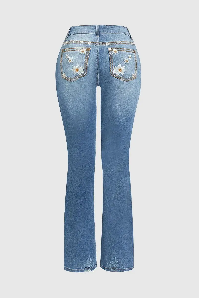 Wash Floral Embroidered Split Hem Mid Rise Bootcut Jeans Without Belt