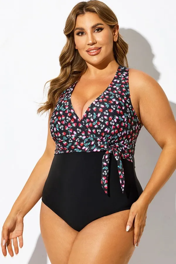 Strawberry Print V-Neck One Piece Swimsuit