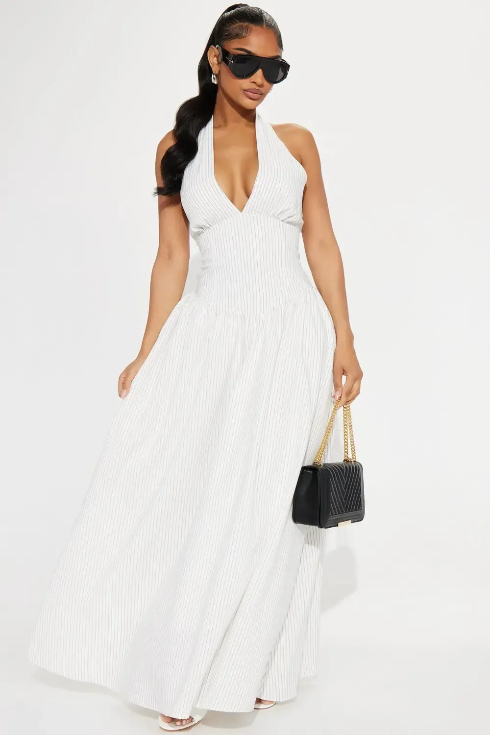 Jayla Pinstripe Halter Maxi Dress - White/combo
