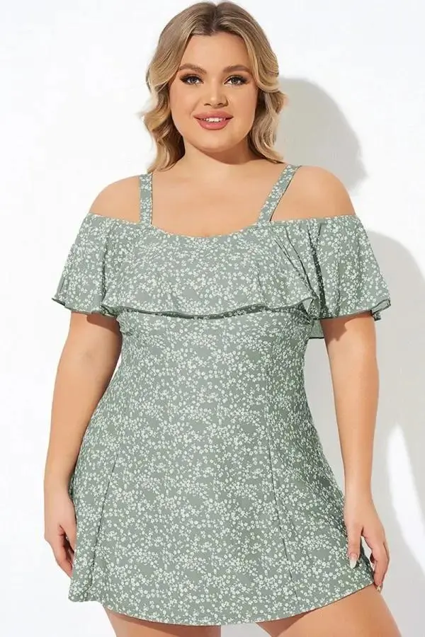 Floral Ruffle Cold Shoulder Women Swimdress