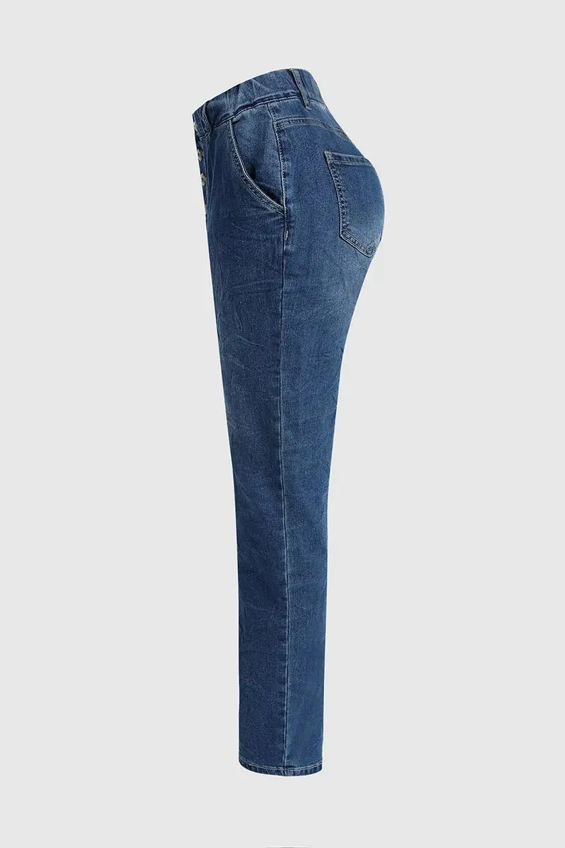 Button Fly Slant Pocket Mid Rise Straight Leg Jeans