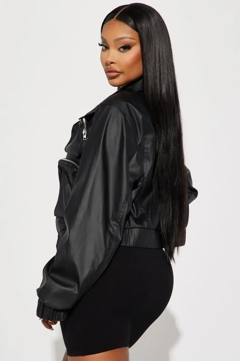Fair And Square Faux Leather Bomber Jacket - Black