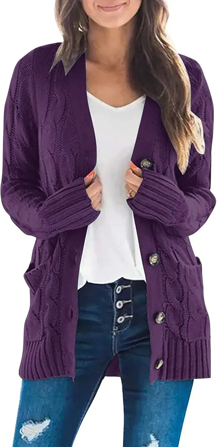 MEROKEETY Women's 2024 Fall Long Sleeve Cable Knit Sweater Open Front Cardigan Button Loose Outerwear