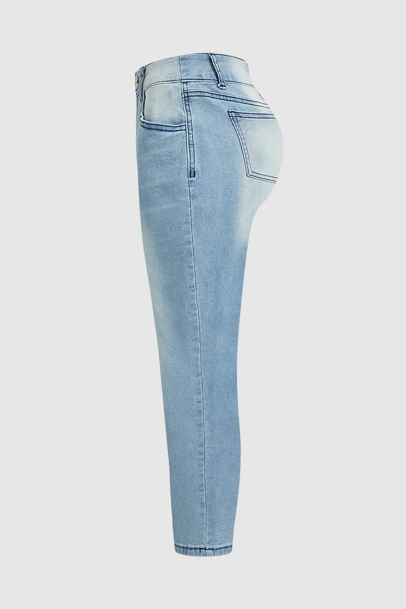 Double Button Roll Hem Low Waist Jeans