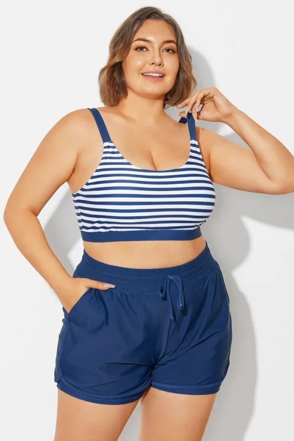 Plus Size Green Check Pinstripe Bikini Top