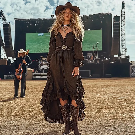 Music Festival Rock Rave Party Vintage Wasteland Linen Dress(belt Not Included)