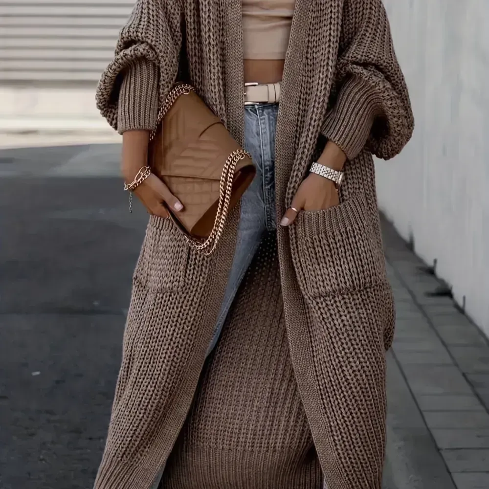 Solid Open Front Pocket Cardigan, Casual Long Sleeve Long Length Sweater For Fall & Winter, Women's Clothing
