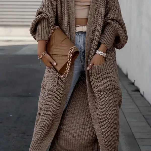 Solid Open Front Pocket Cardigan, Casual Long Sleeve Long Length Sweater For Fall & Winter, Women's Clothing