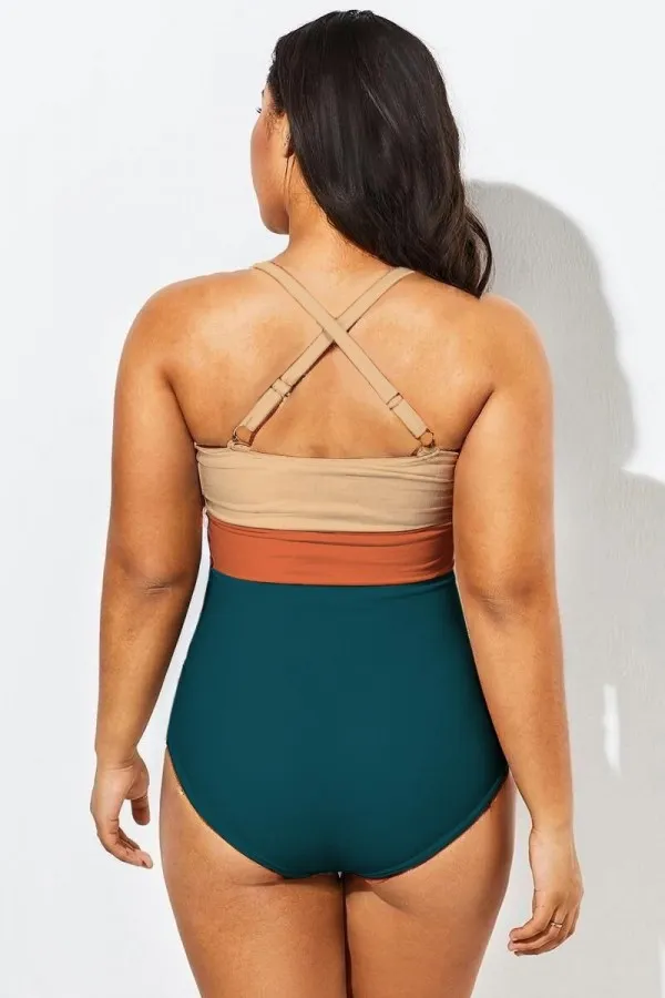 Vibrant Color Block Twist Front Skinny One Piece Swimsuit