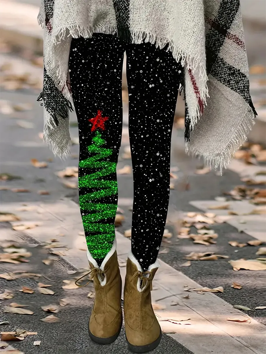 Snow And Christmas Tree  Print Women's Leggings