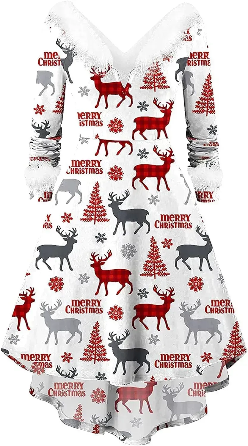 Womens Christmas Dress Fuzzy Mrs Claus Christmas Holiday Xmas Cocktail Holiday Party Flare Dress