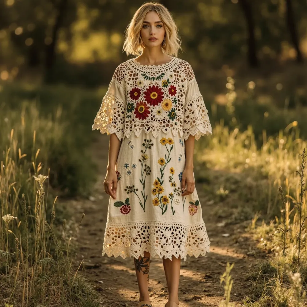 Women's Retro Lace Flowers Embroidery Art Midi Dress