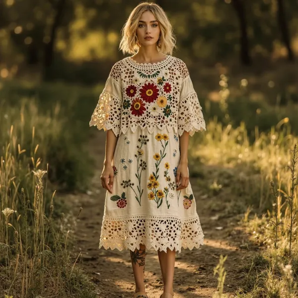Women's Retro Lace Flowers Embroidery Art Midi Dress