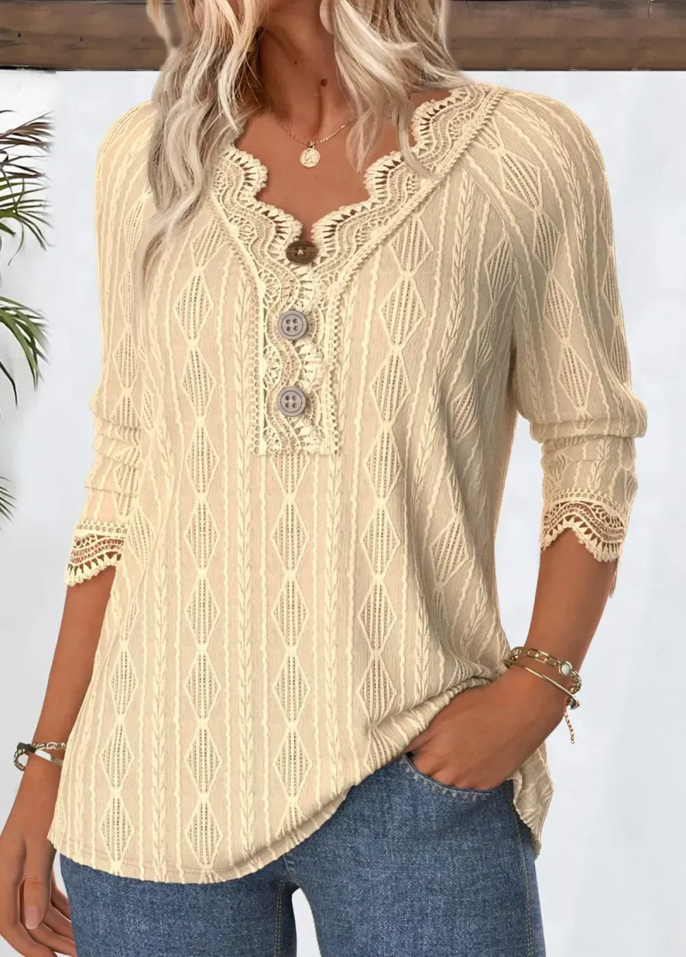 Light Camel 3/4 Sleeve V Neck T Shirt