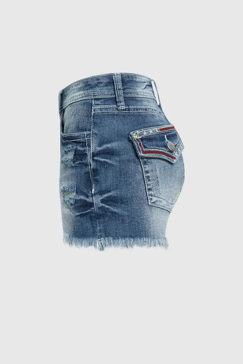 Star Embroidered Raw Hem Mid Rise Denim Shorts