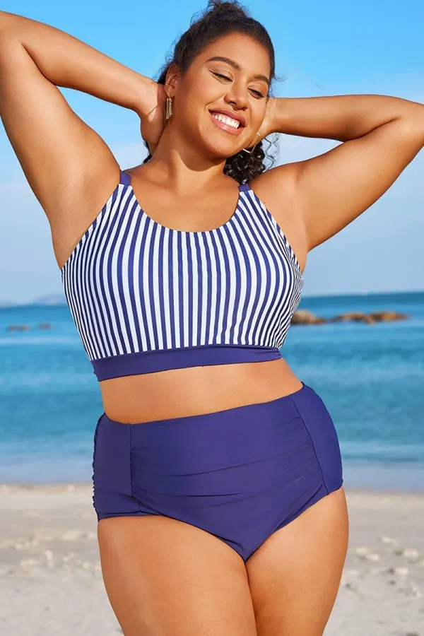 Plus Size Blue & White Striped Bikini Top