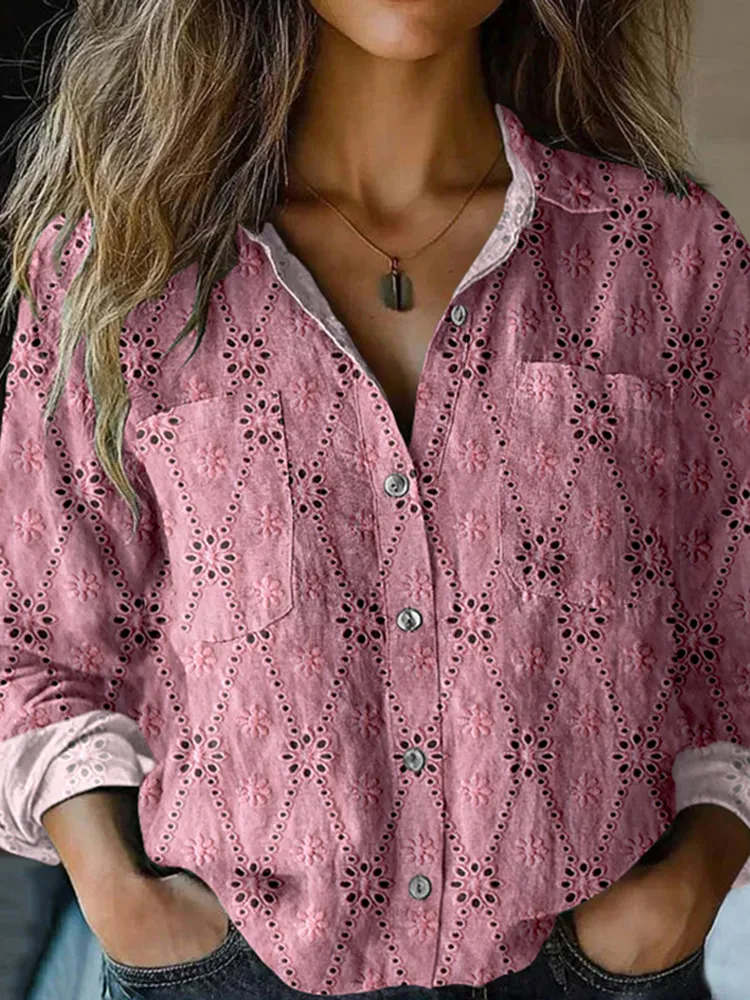 Women's Elegant Lace Embroidery Art Long Sleeve Comfortable Cotton Shirt