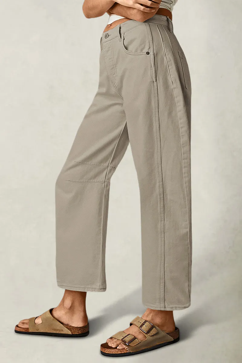 Solid Stitch Detail Mid Waist Crop Straight Leg Jeans Without Belt