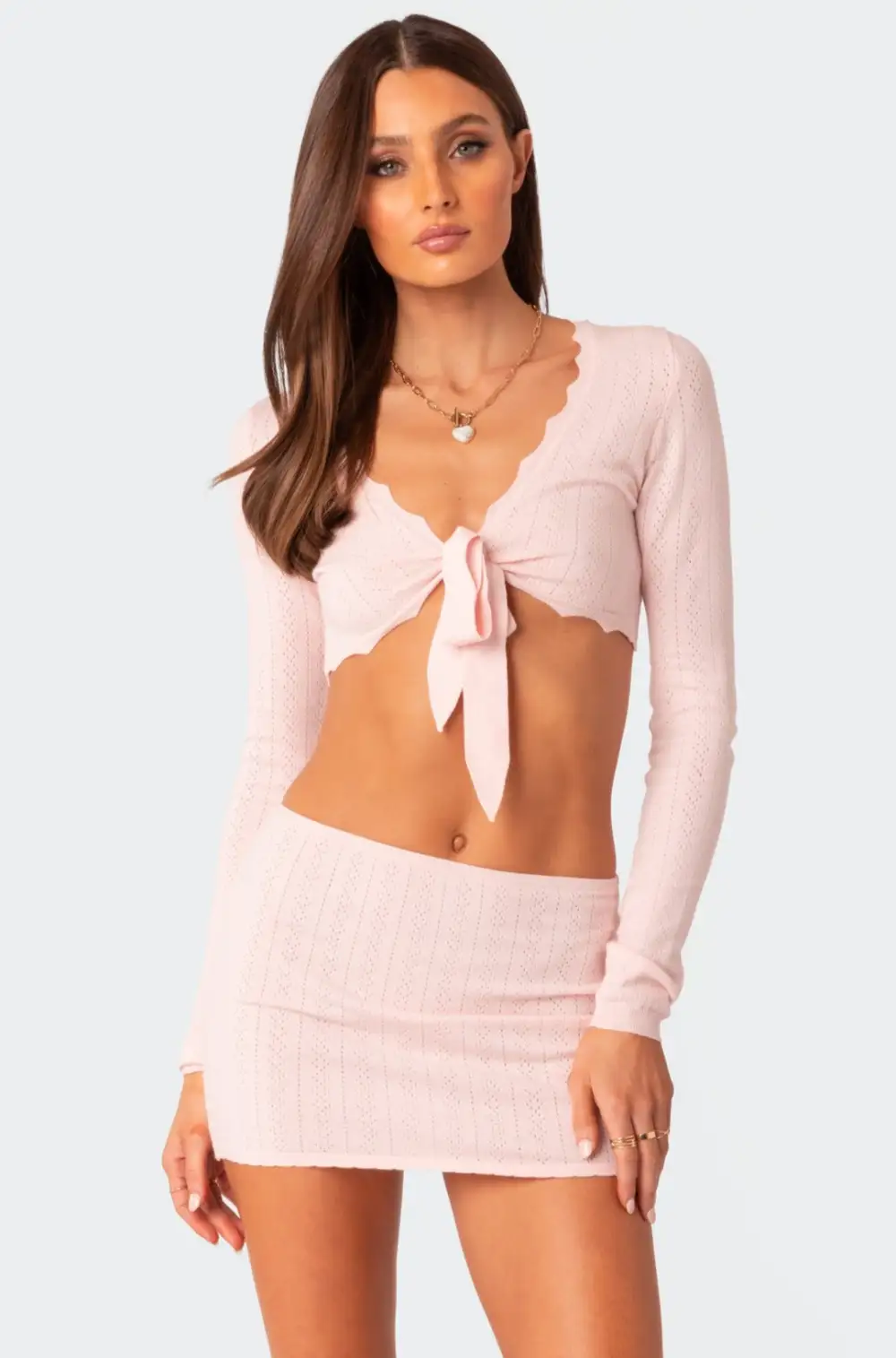 Pointelle Tie Front Knit Crop Top