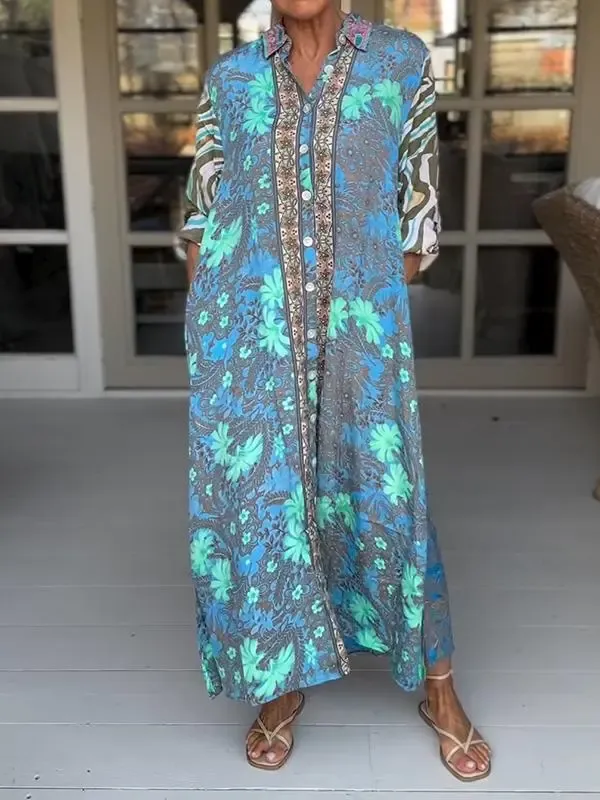 Women Sundress Boho Casual Lapel Loose Printed Dress