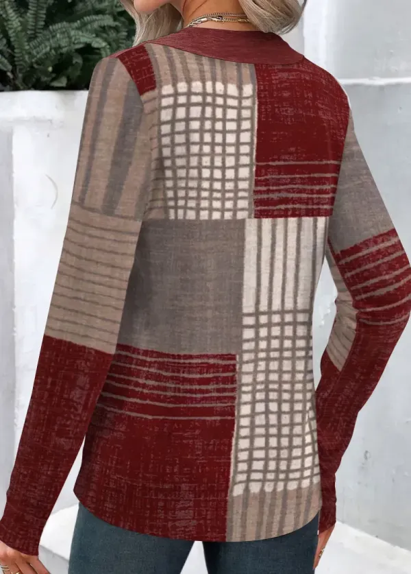 Wine Red Button Geometric Print Long Sleeve T Shirt