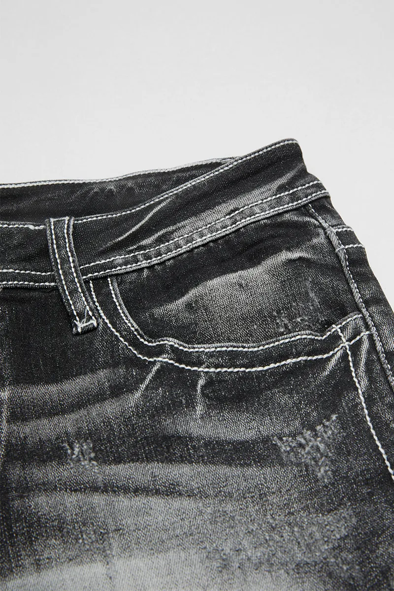 Star & Striped Embroidered Ripped Raw Hem Denim Shorts