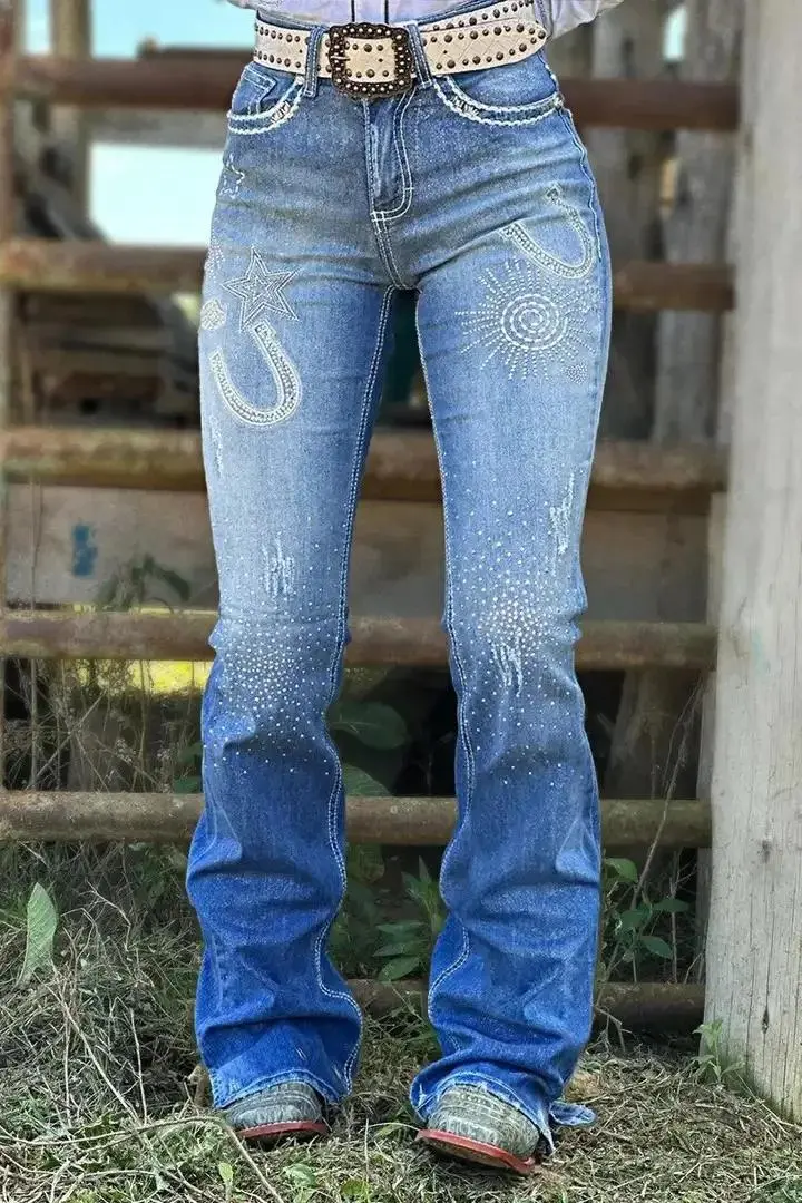 Embroidered Rhinestone Decor High Waist Bootcut Jeans Without Belt
