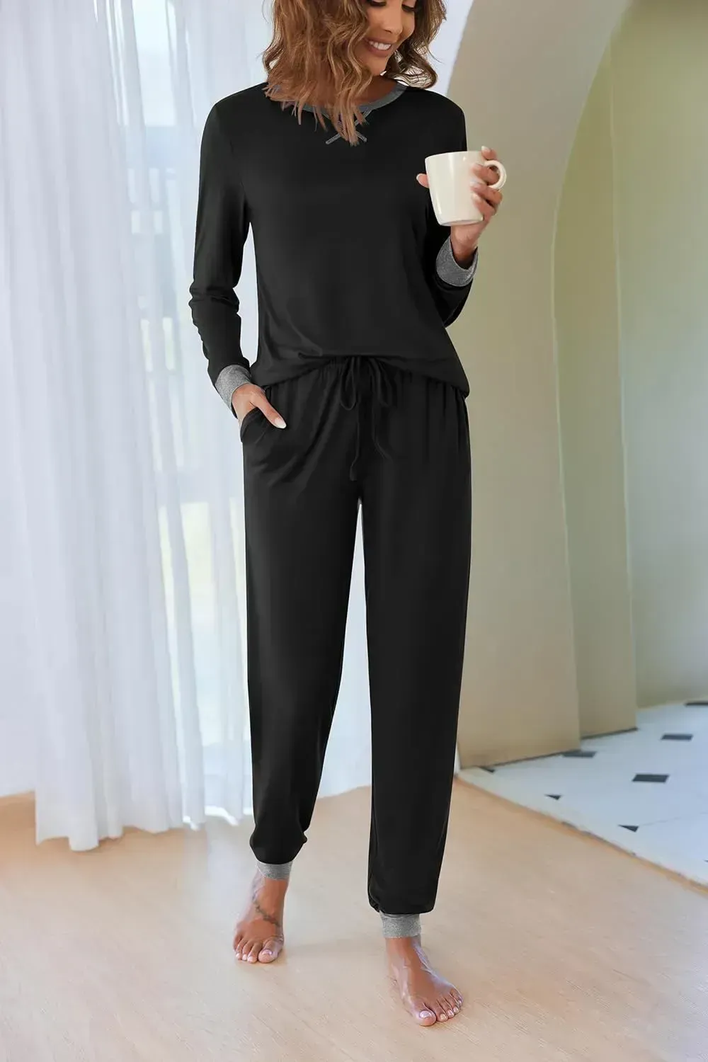 Women's Pajamas Sets Long Sleeve with Plaid Pants Soft Sleepwear O Neck 2 Piece Pjs Joggers Loung Set with Pockets