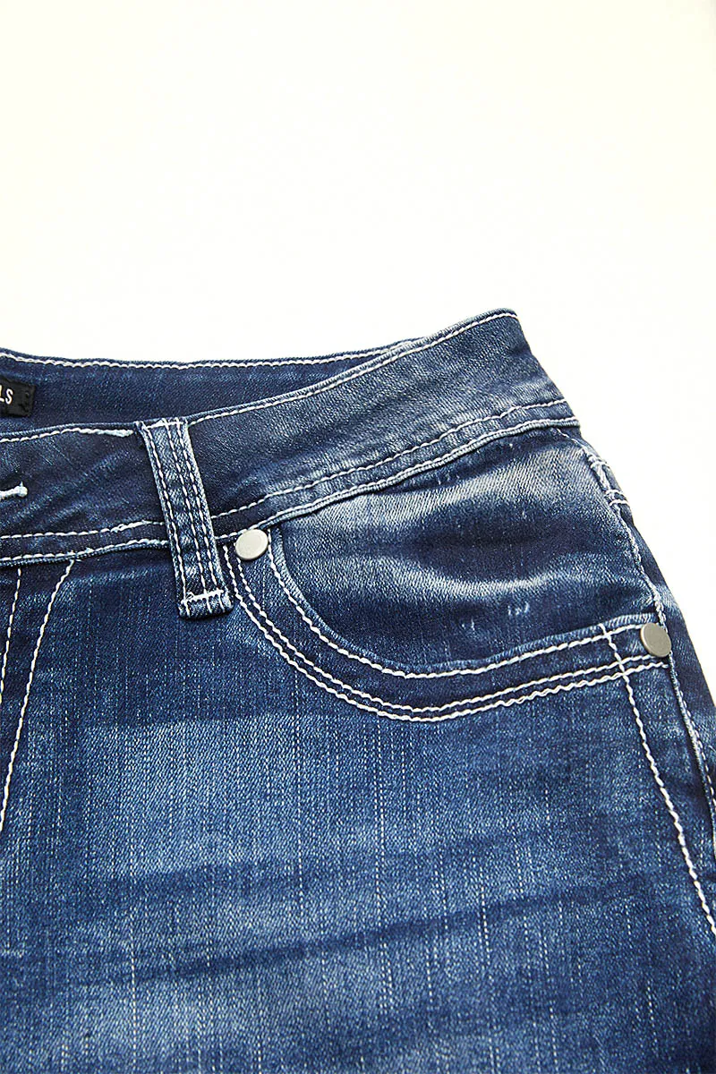 Wash Ripped Roll Hem Mid Rise Denim Shorts