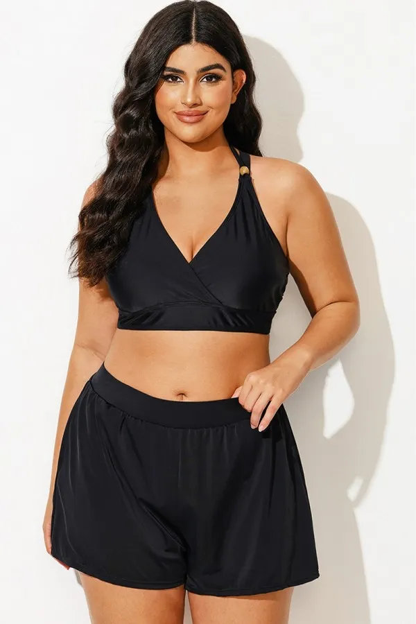 Plus Size Black V-Neck Crossback Bikini Top