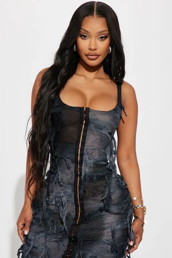 Demi Distressed Midi Dress - Black/combo