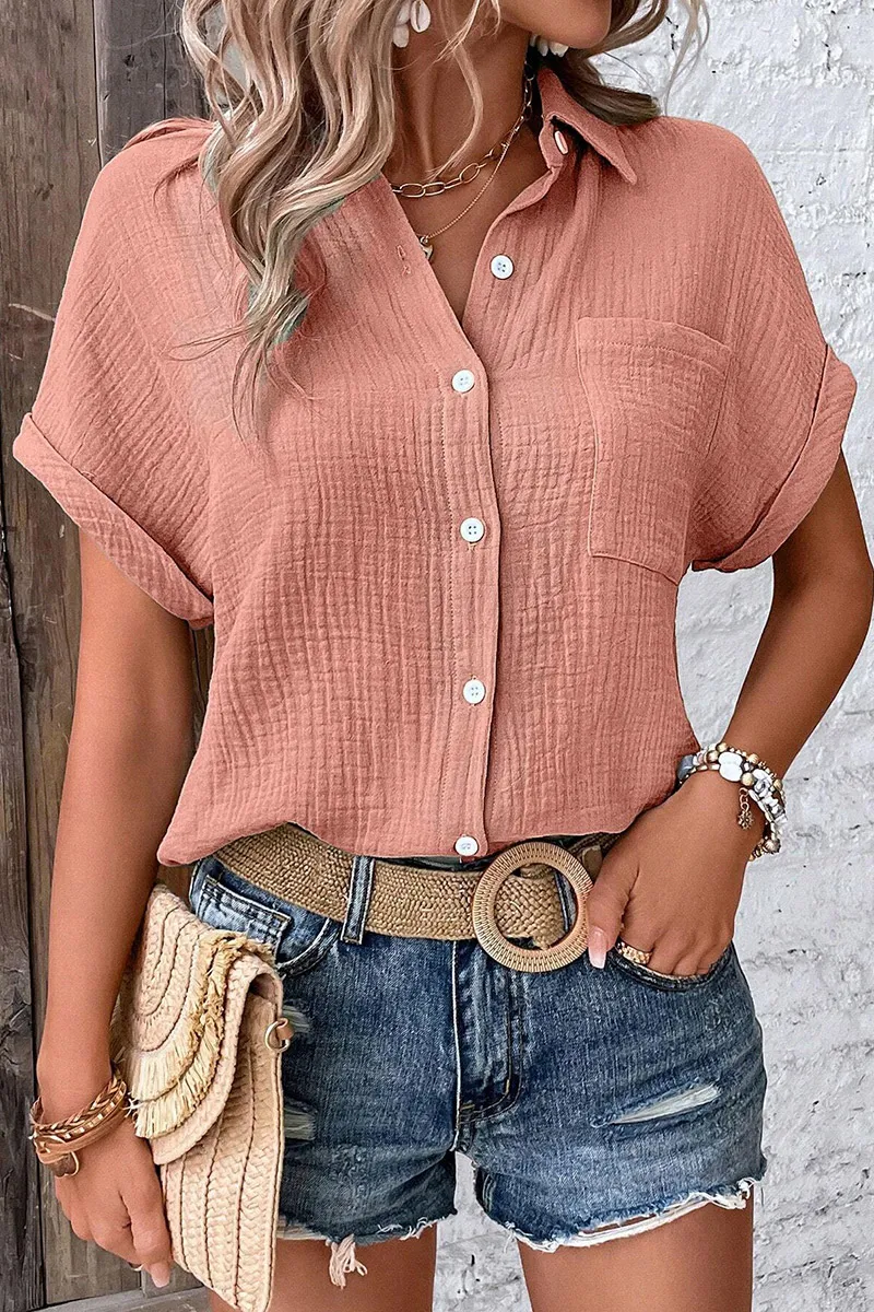Solid Patch Pocket Roll Sleeve Shirt