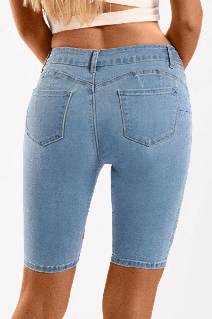 Wash Zip Design Mid Waist Denim Bermuda Shorts