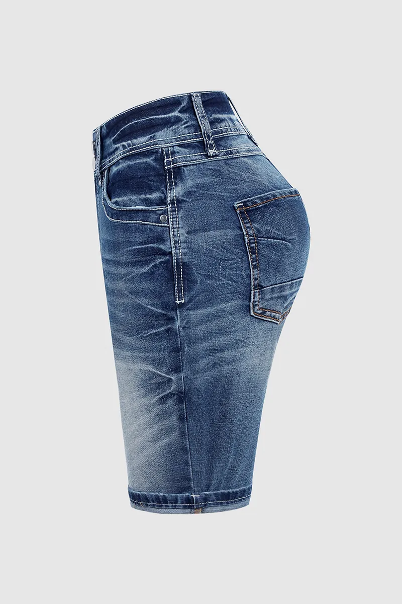 Double Button Ripped Roll Hem Mid Rise Denim Bermuda Shorts