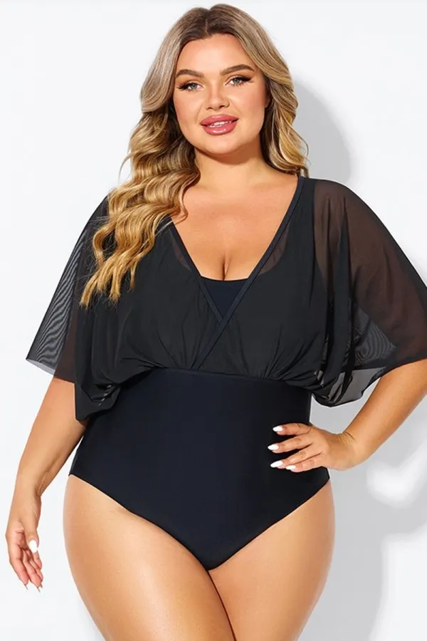 Solid Black Mesh Patchwork One Piece Swimsuit