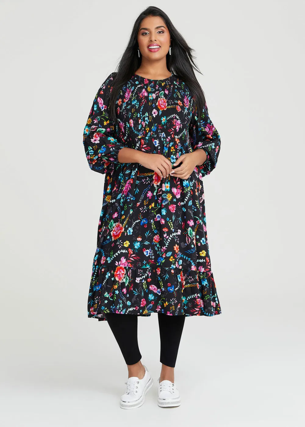 Natural Shirred Floral Dress