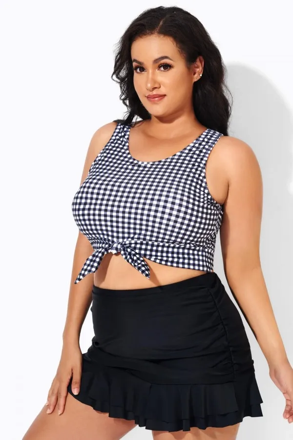 Black Grey Check Knotted Crop Bikini Top