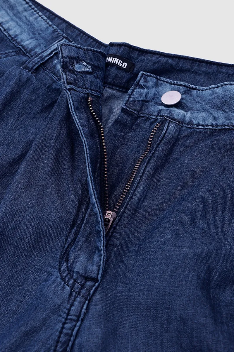 Wash Pleated Detail Wide Leg Mid Rise Jeans