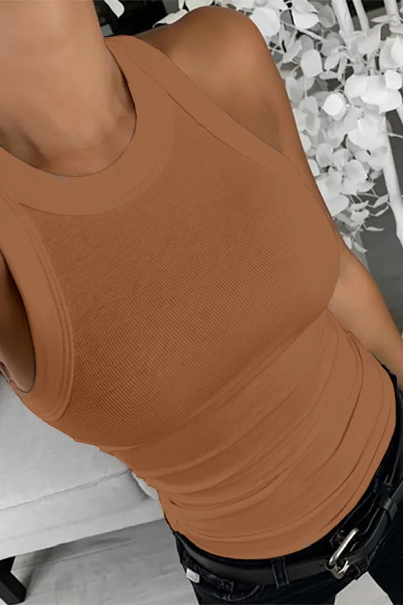 Solid Rib-Knit Round Neck Tank Top