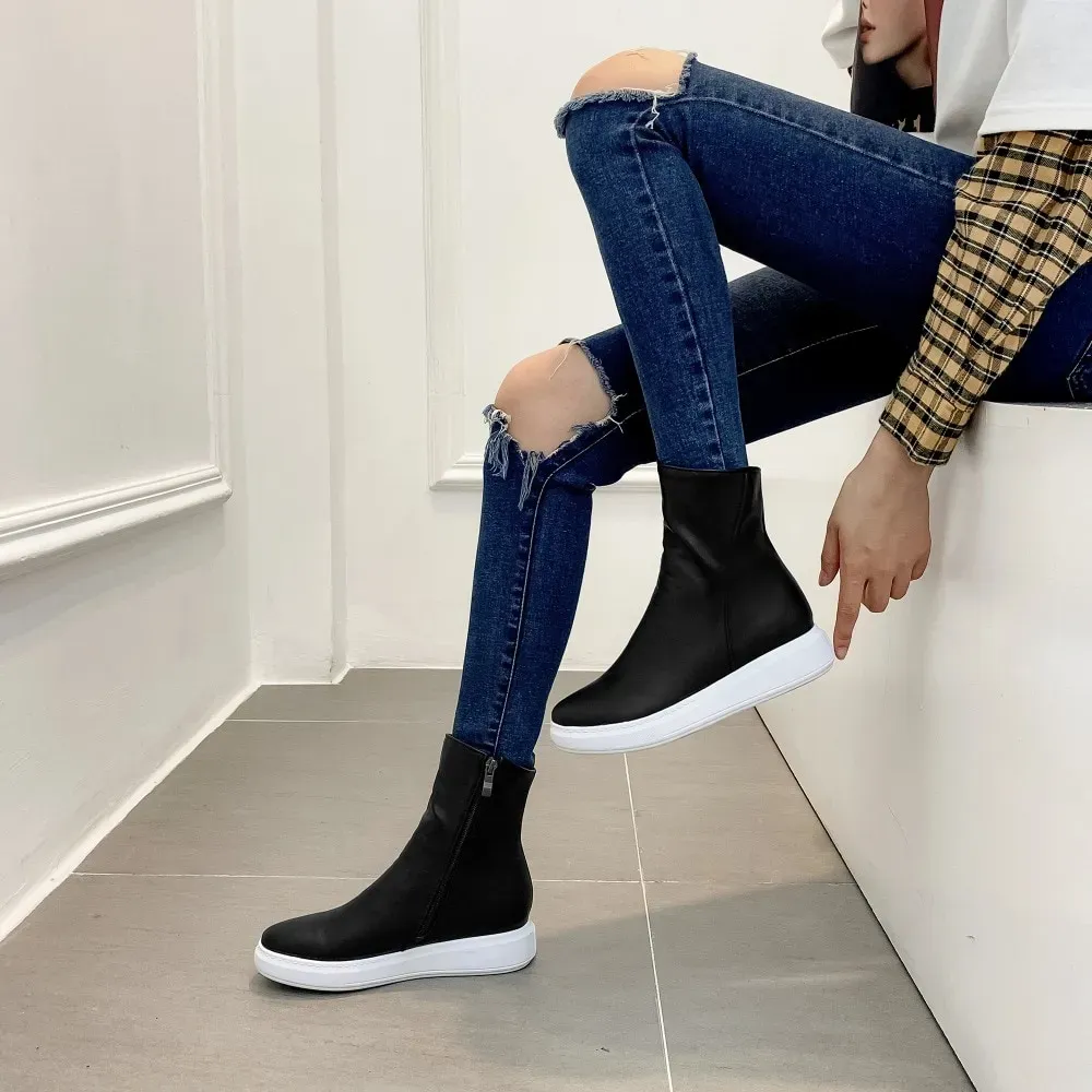 Women’s PU Ankle Boots – Round Toe, Zipper, Flat Casual Autumn Shoes