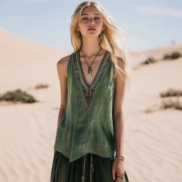 Women's Bohemia Ethnic Style Linen V-neek Sleeveless Top